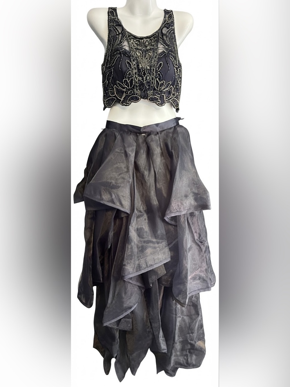 Terani Couture NWT 2pc Beaded Illusion Crop Top Tiered Organza Ball Gown Set 4